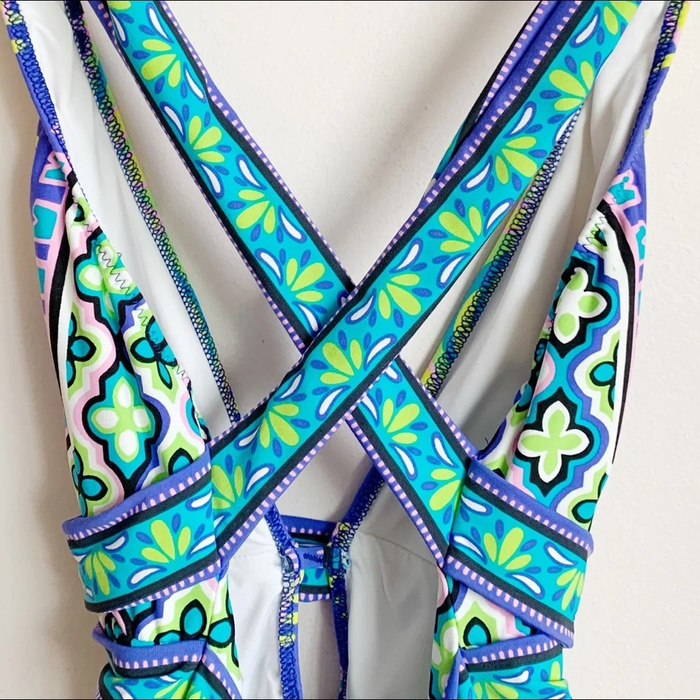 Trina Turk Patterned, Strappy One-Piece Swimsuit, Deep Plunge Front - Picture 5 of 8